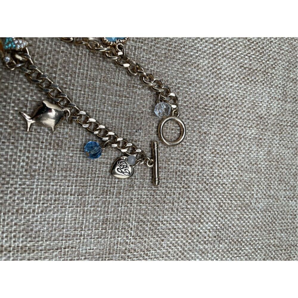BETSEY JOHNSON CHARM BRACELET GREEN BLUE HEART CRYSTAL DRAGONFLY BUG FISH SUMMER - Picture 4 of 7